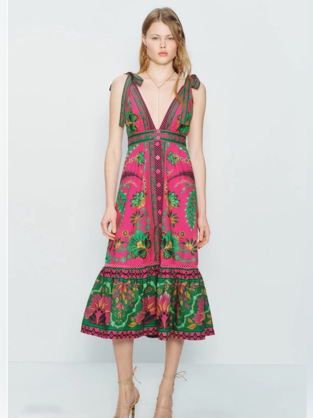 NWT Farm Rio Pink & Green Floral Midi Dress ~  Tapestry Sleeveless Cotton ~ L